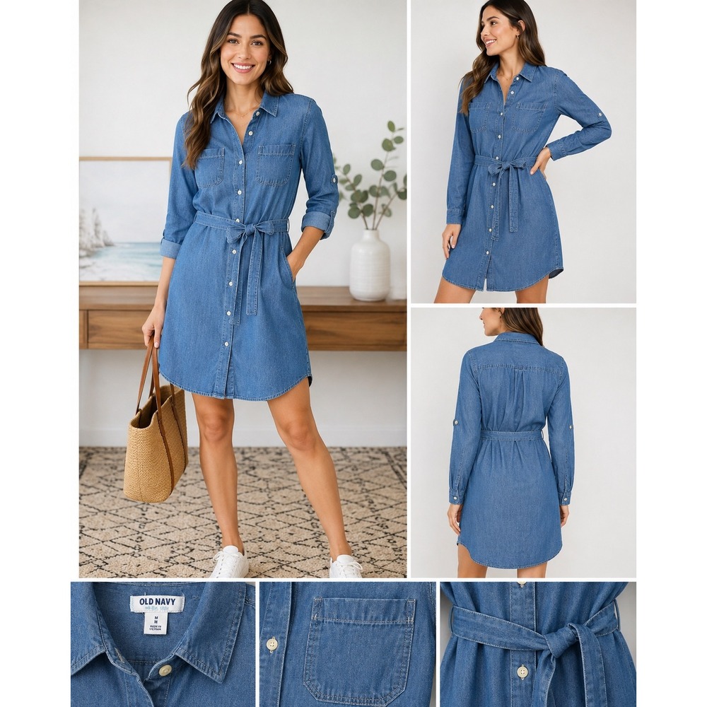 Old Navy Denim Shirt Dress Womens Medium Blue Chambray Button Front Tie Waist